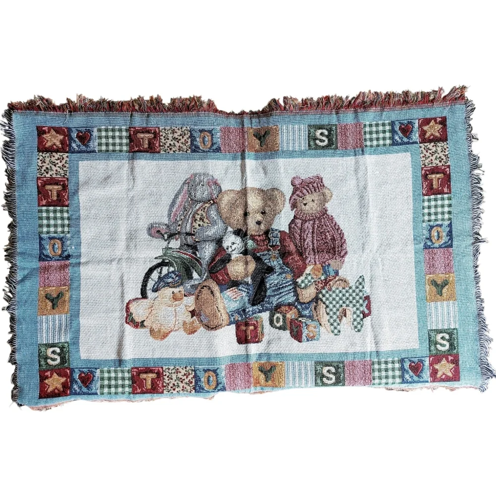 Blue Jean Teddy Bear Tapestry Throw Blanket Vintags 80s/90s Nursery‎ Decor